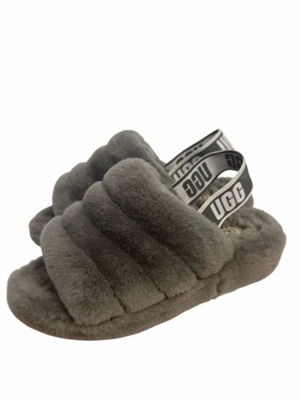 UGG Fluff Yeah Slide Slippers Charcoal Shearling Elastic Logo Strap Women’s US 7